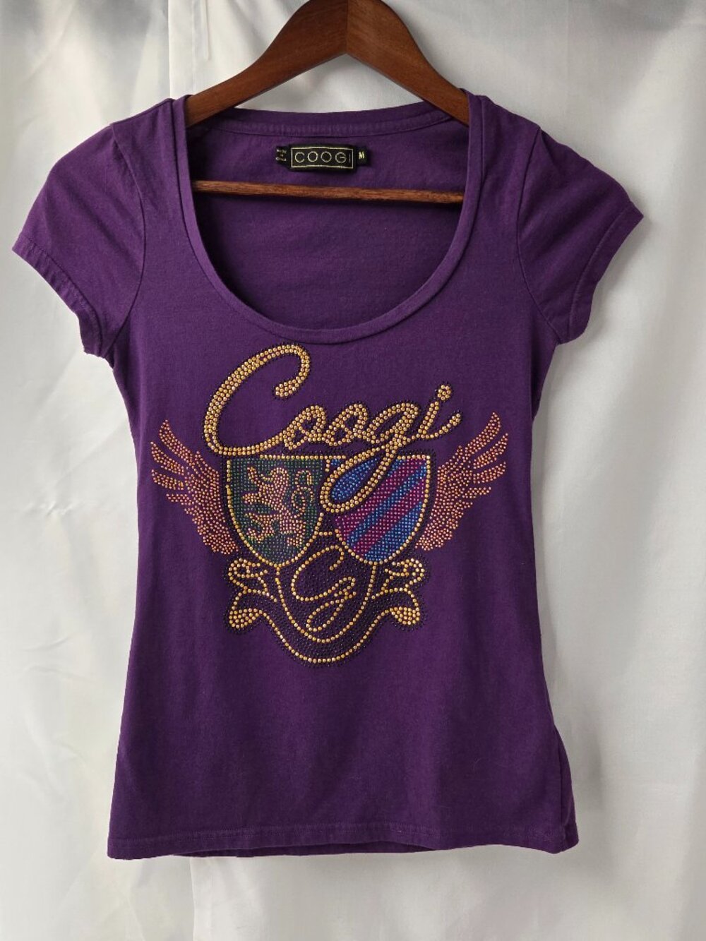 Vintage Coogi Y2K Purple Rhinestone Crest Baby Tee Shirt M McBling Streetwear
